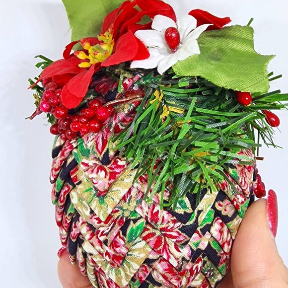 VTG Huge Handmade Herringbone Cloth Navy Pink Gold Christmas Holiday Ornament - Picture 5 of 12